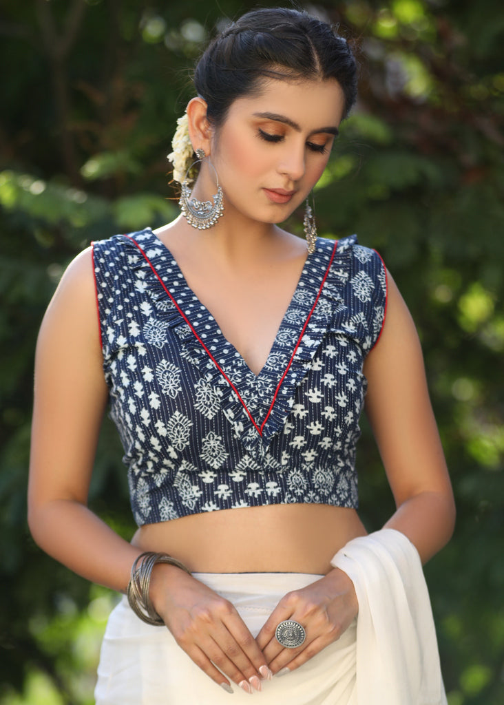 Beautiful Kantha Indigo Patchwork Print Frilled Neckline Blouse