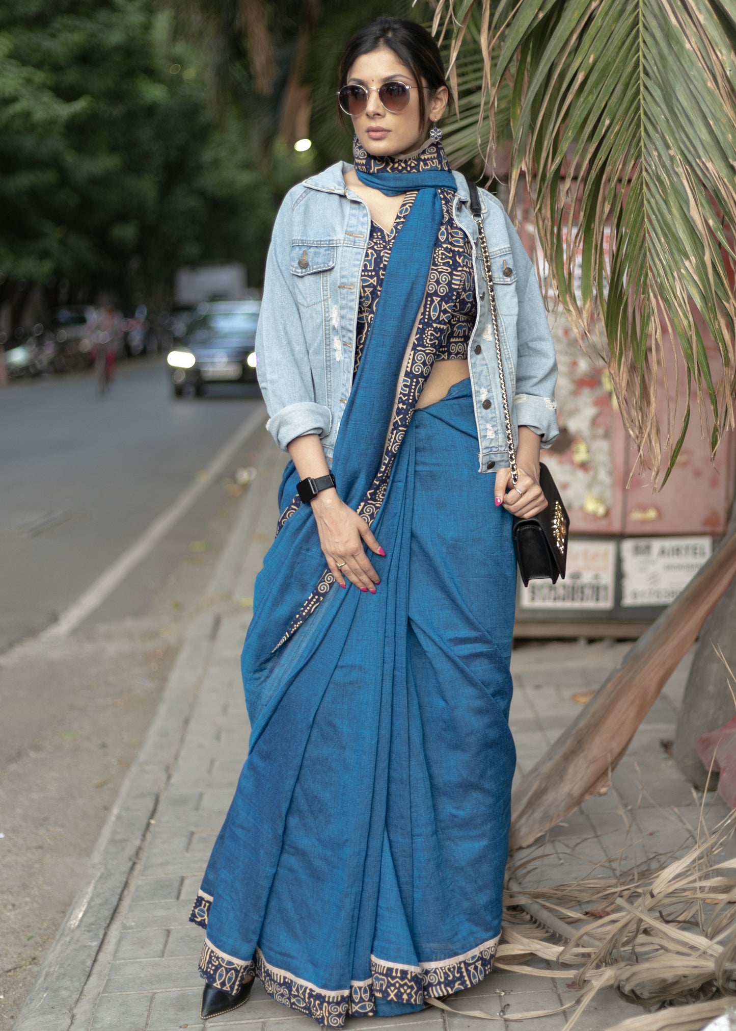 Classy royal blue Cotton saree with animal print border and fish painted motif