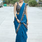 Classy royal blue Cotton saree with animal print border and fish painted motif