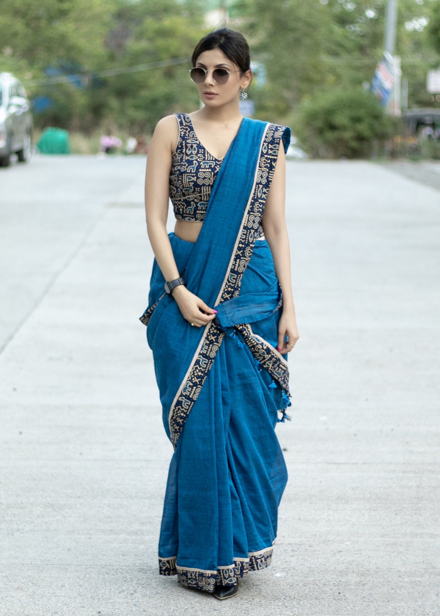 Classy royal blue Cotton saree with animal print border and fish painted motif