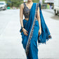 Classy royal blue Cotton saree with animal print border and fish painted motif