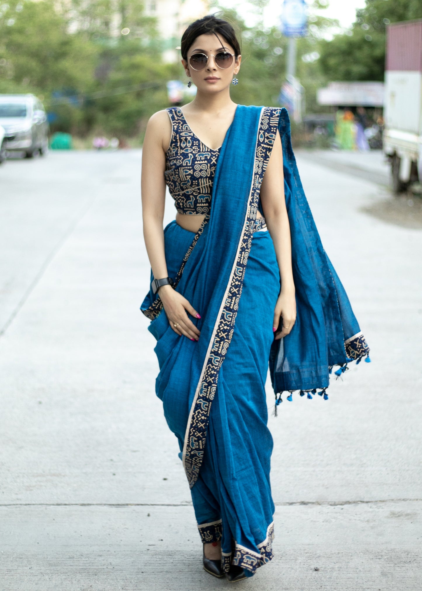 Classy royal blue Cotton saree with animal print border and fish painted motif