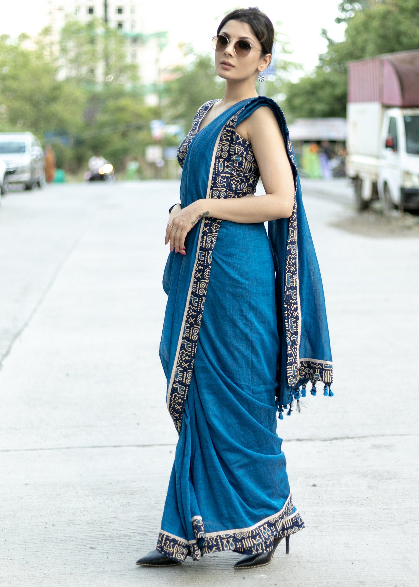 Classy royal blue Cotton saree with animal print border and fish painted motif