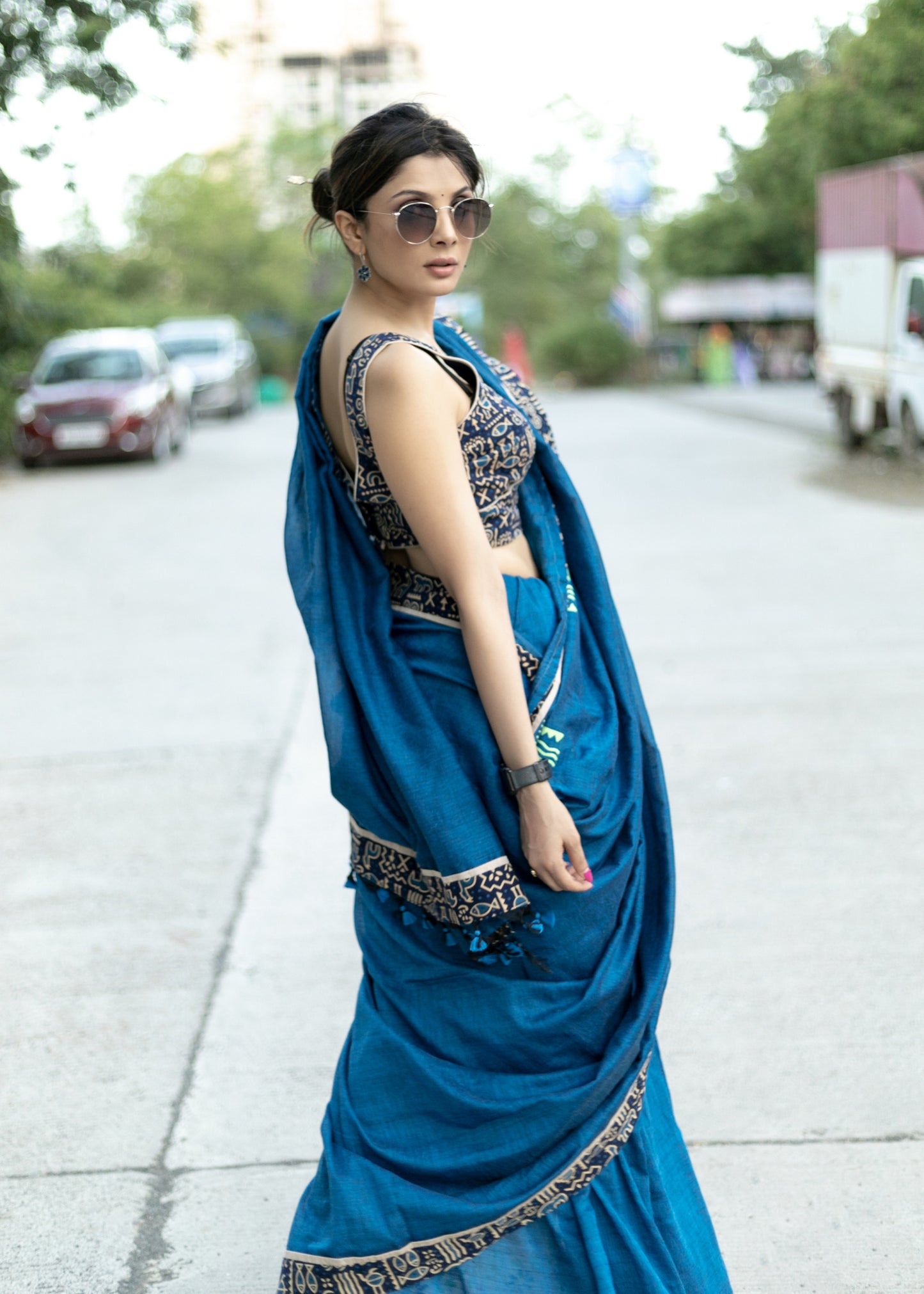 Classy royal blue Cotton saree with animal print border and fish painted motif