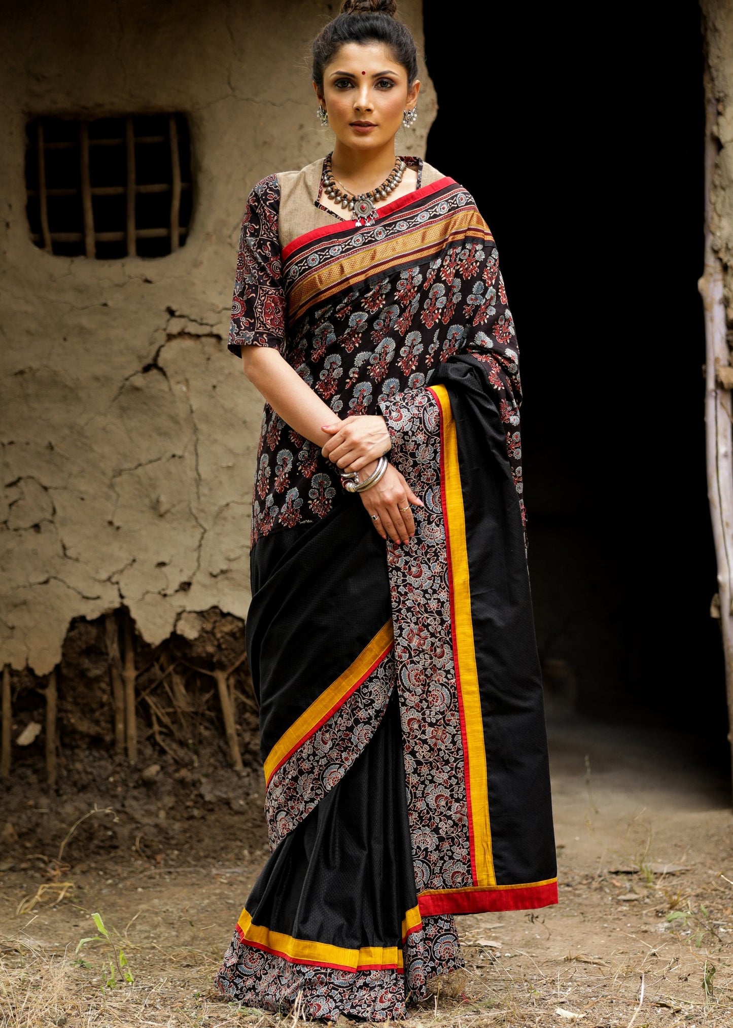 Exclusive black khun saree with block printed Ajrakh combination