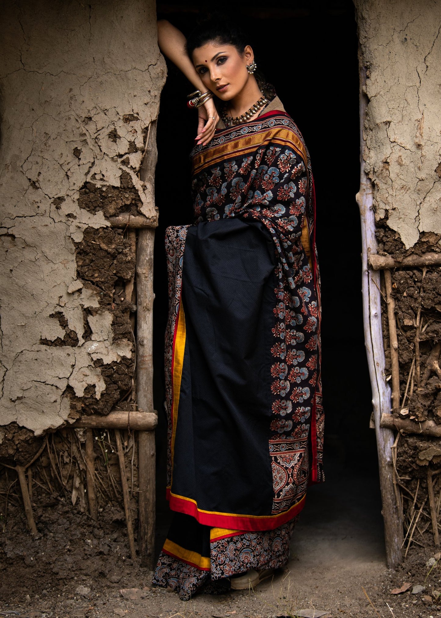 Exclusive black khun saree with block printed Ajrakh combination