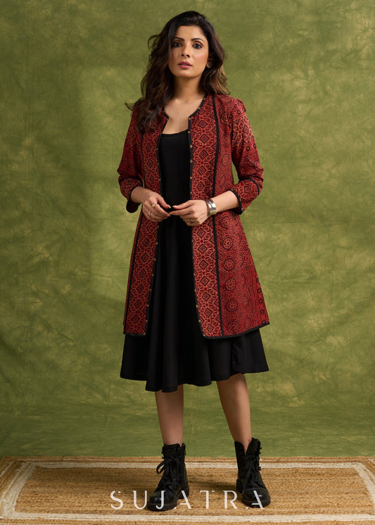 Real Elegant Maroon Ajrakh Long Jacket With Sleek Black Piping And Stone Adornments   Dress Optional