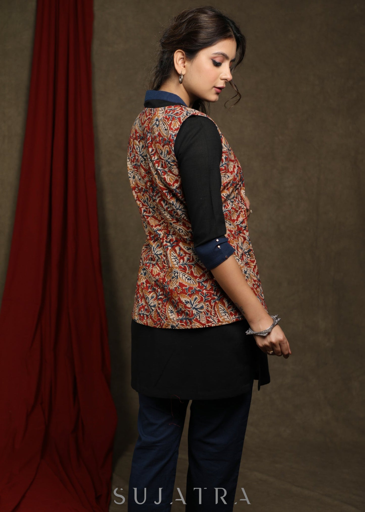 Classy Black cotton tunic with kalamkari jacket - Pant Optional