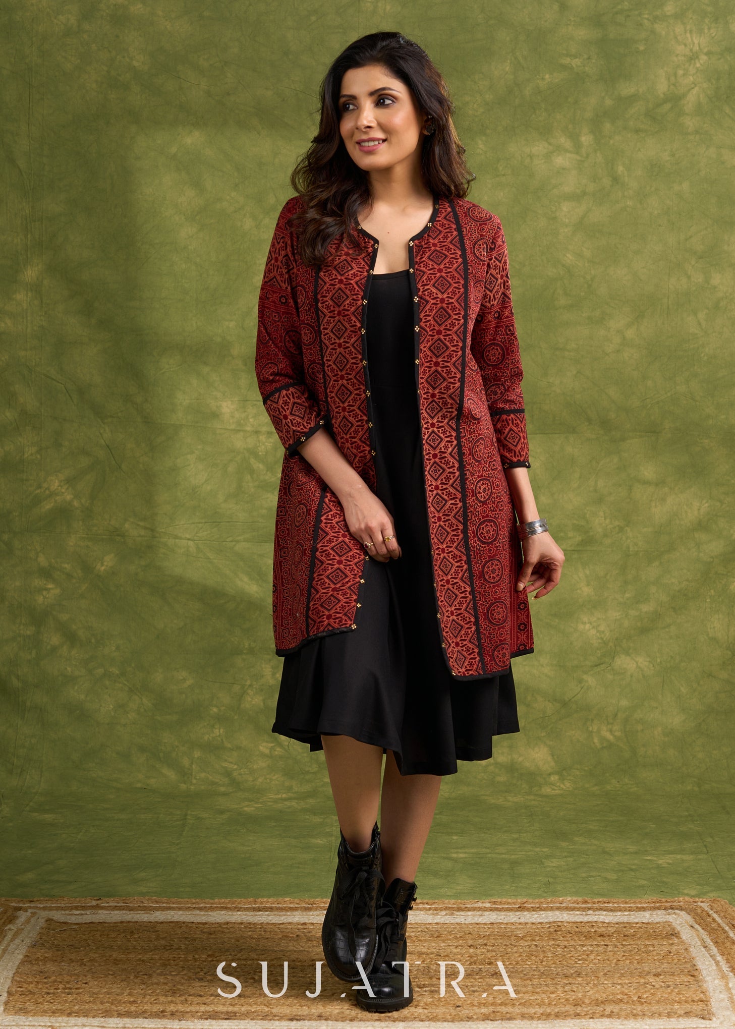 Real Elegant Maroon Ajrakh Long Jacket With Sleek Black Piping And Stone Adornments   Dress Optional