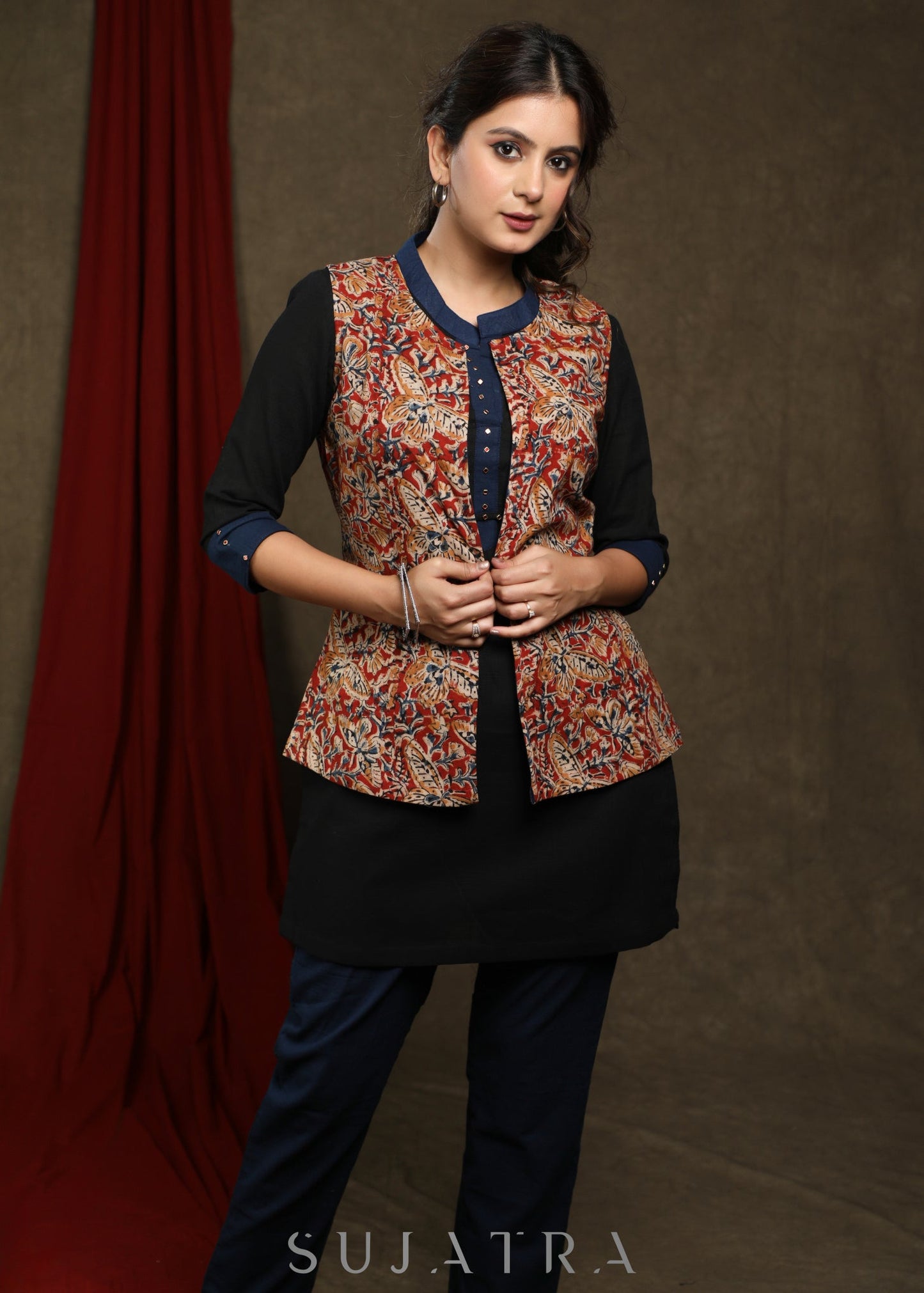 Classy Black cotton tunic with kalamkari jacket - Pant Optional