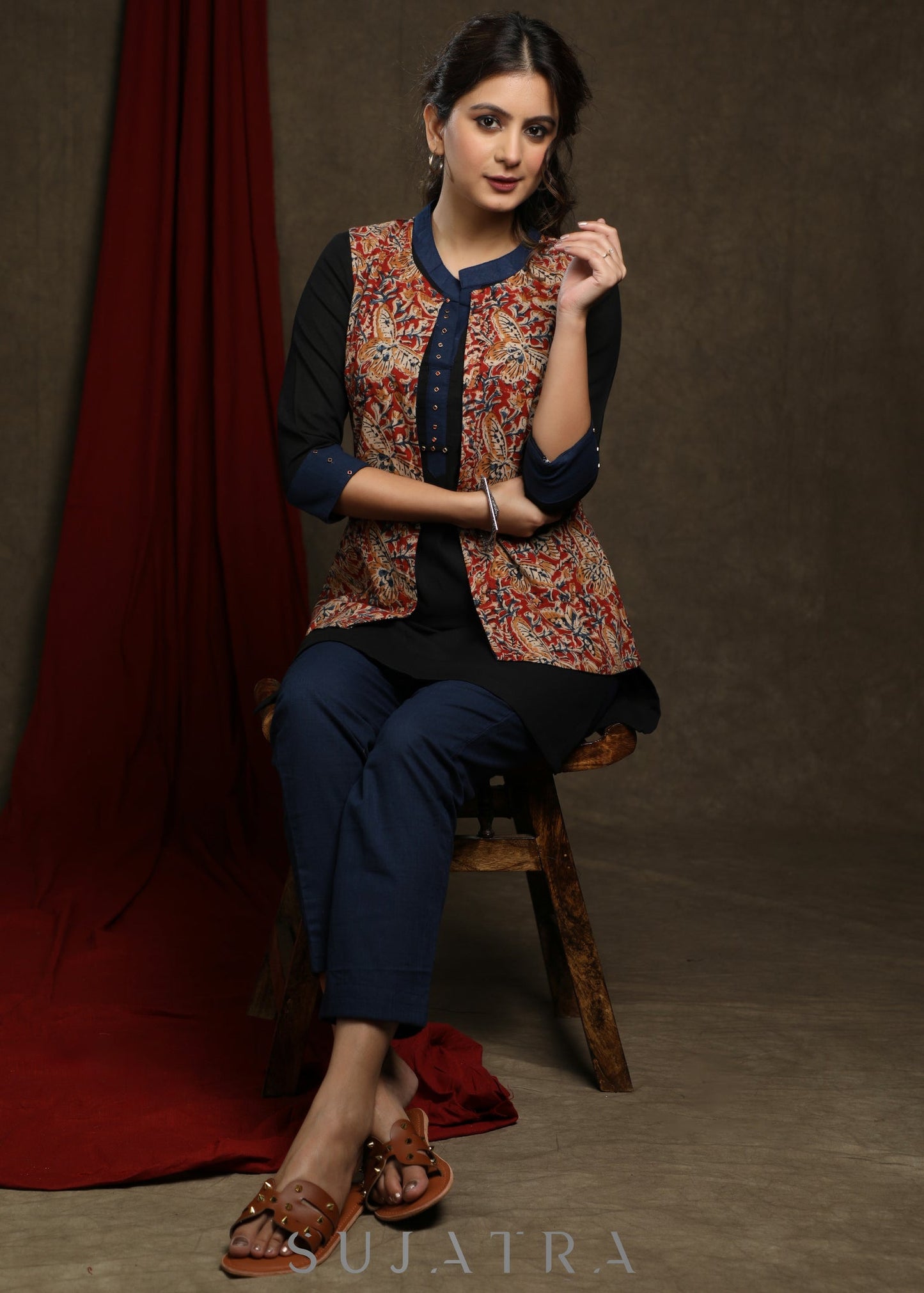 Classy Black cotton tunic with kalamkari jacket - Pant Optional