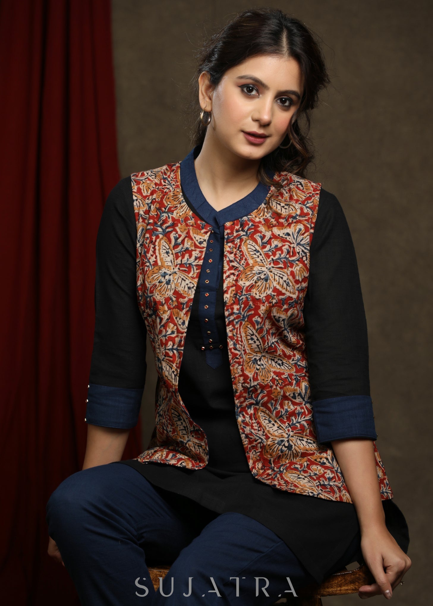 Classy Black cotton tunic with kalamkari jacket - Pant Optional