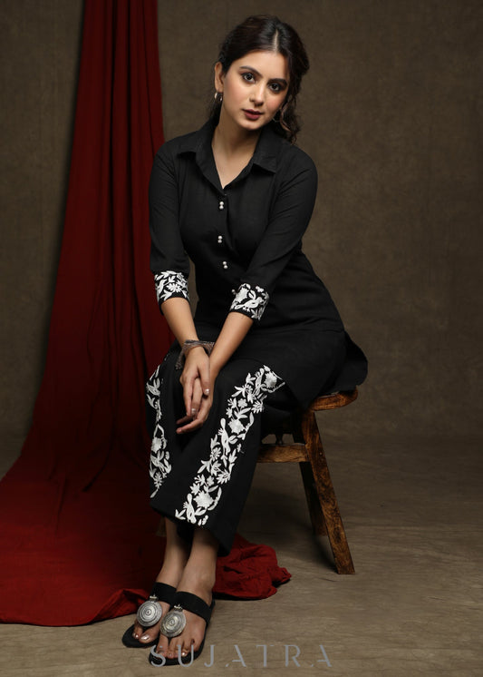 Comfort fit Black embroidered cotton Tunic - Pant Optional