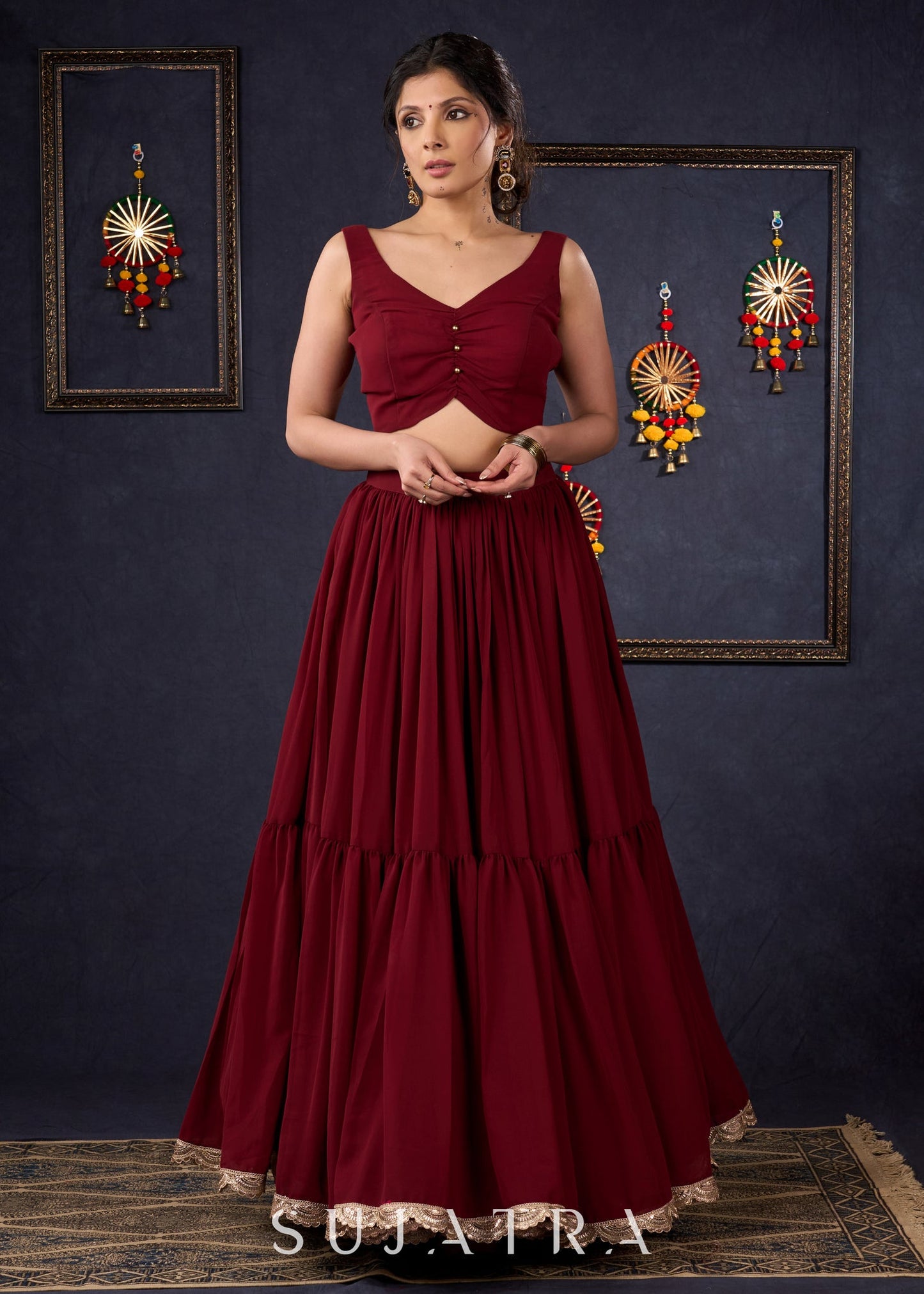 Classic Maroon Georgette Lehenga With Matching Blouse & Self-Embroidered Jacket .