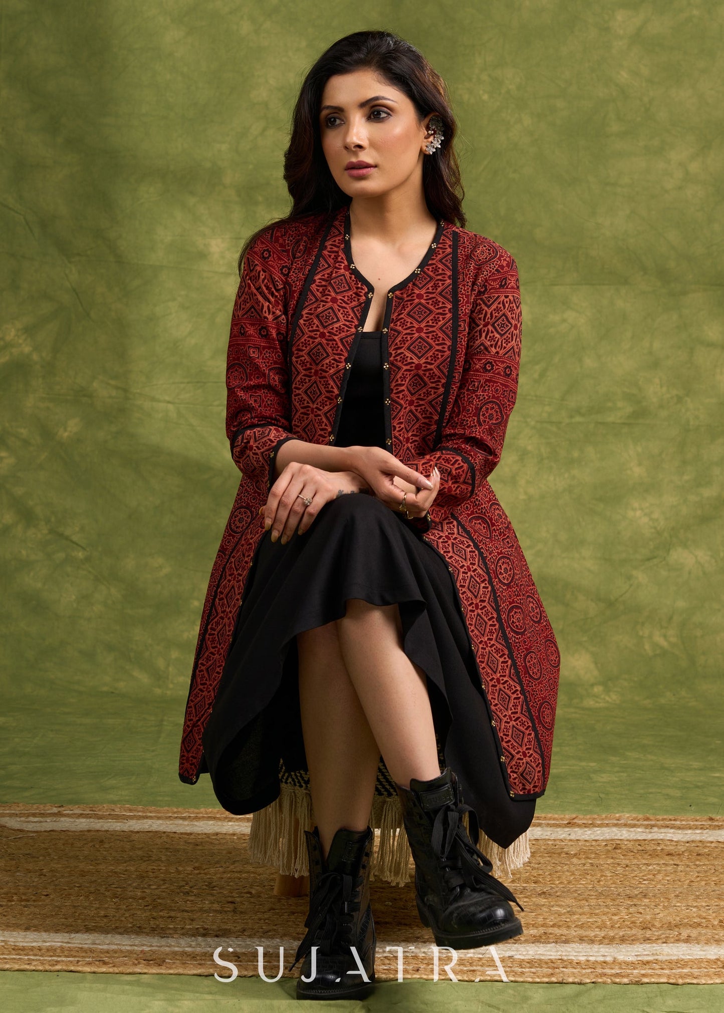 Real Elegant Maroon Ajrakh Long Jacket With Sleek Black Piping And Stone Adornments   Dress Optional