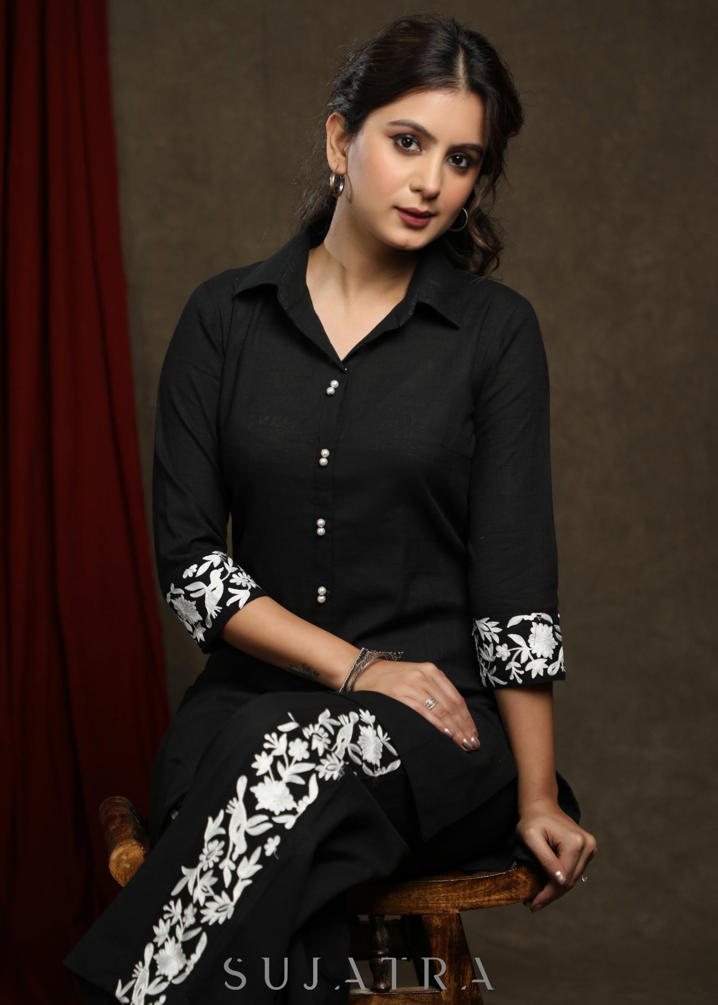 Comfort fit Black embroidered cotton Tunic - Pant Optional