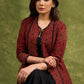 Real Elegant Maroon Ajrakh Long Jacket With Sleek Black Piping And Stone Adornments   Dress Optional