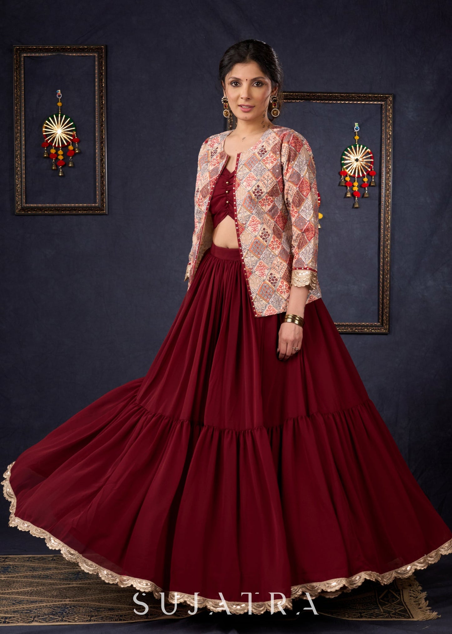 Classic Maroon Georgette Lehenga With Matching Blouse & Self-Embroidered Jacket .