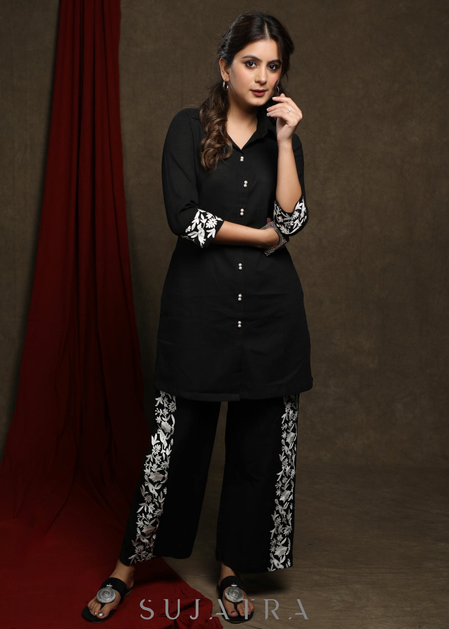 Comfort fit Black embroidered cotton Tunic - Pant Optional