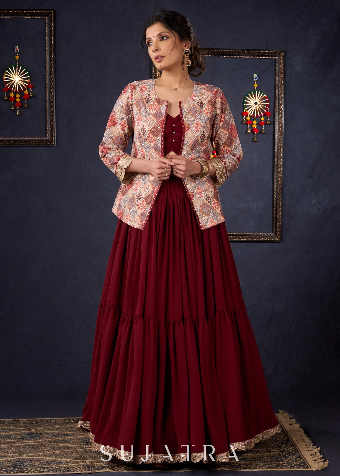 Classic Maroon Georgette Lehenga With Matching Blouse & Self-Embroidered Jacket .