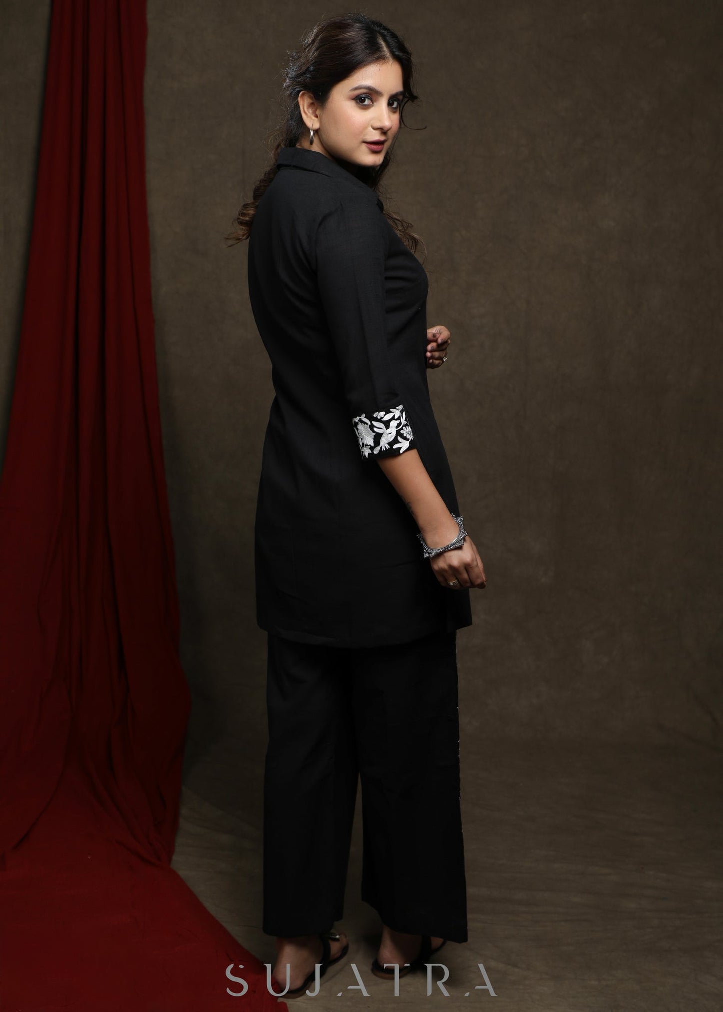 Comfort fit Black embroidered cotton Tunic - Pant Optional