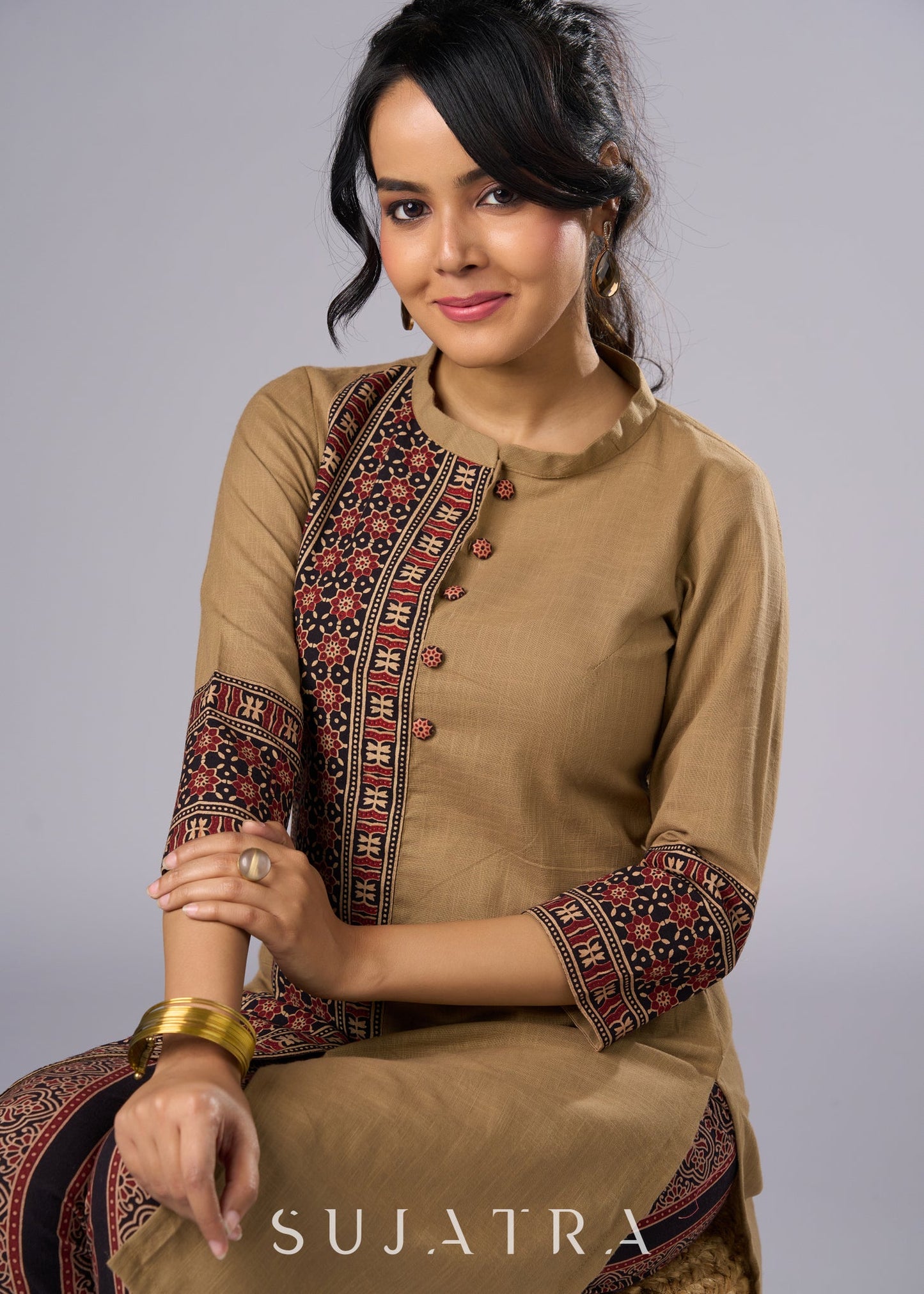 Classy Dark Beige Cotton Ajrakh Combination Tunic Pant Additional