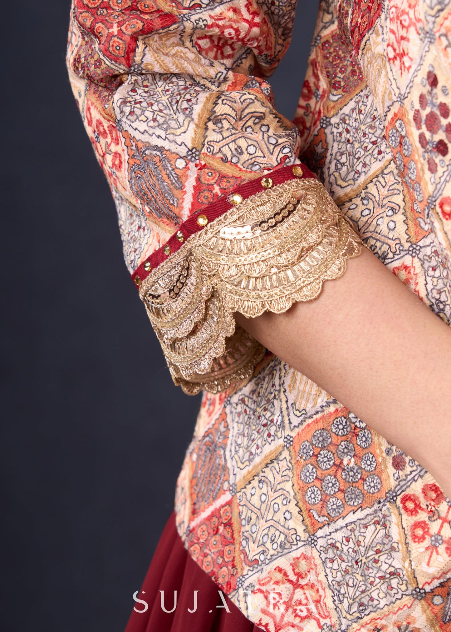 Classic Maroon Georgette Lehenga With Matching Blouse & Self-Embroidered Jacket .