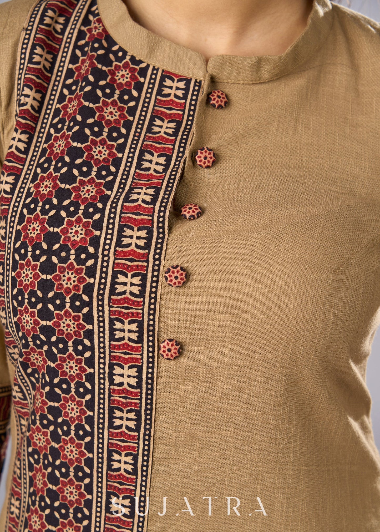 Classy Dark Beige Cotton Ajrakh Combination Tunic Pant Additional