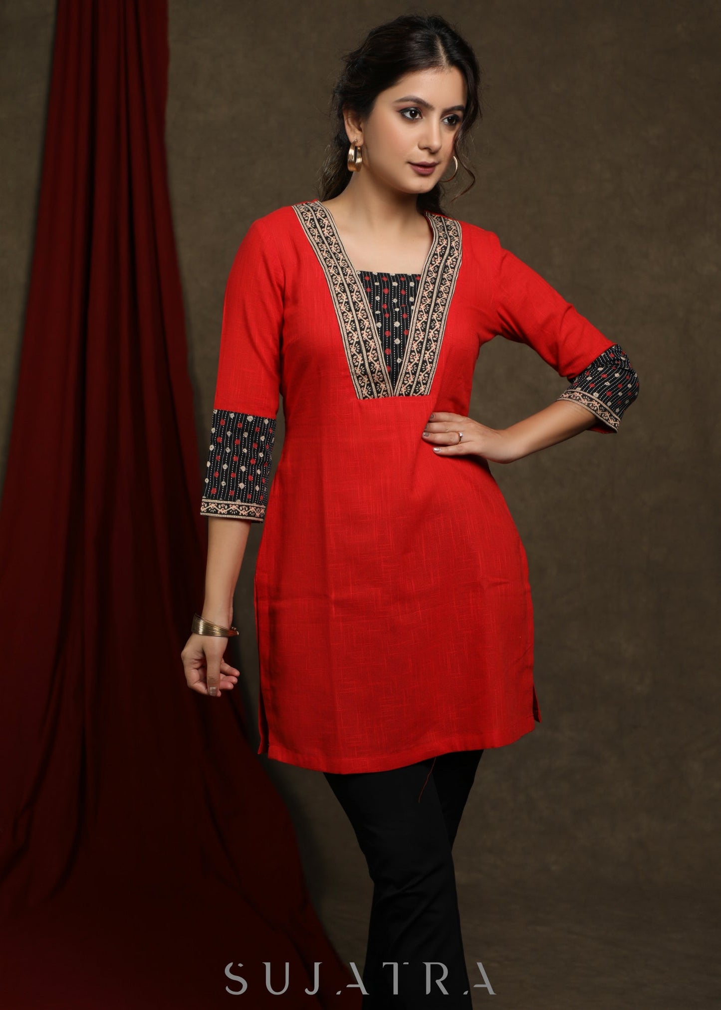 Beautiful bright red cotton tunic with black multicolor kantha combination