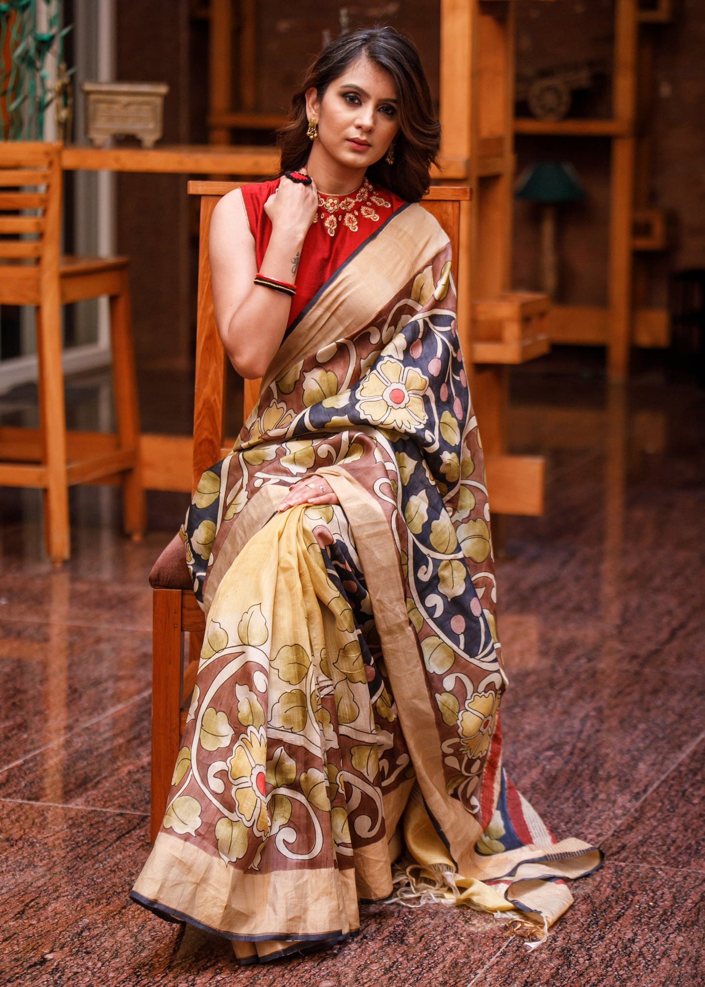 Exclusive Pure tassar silk saree with kalamkari design