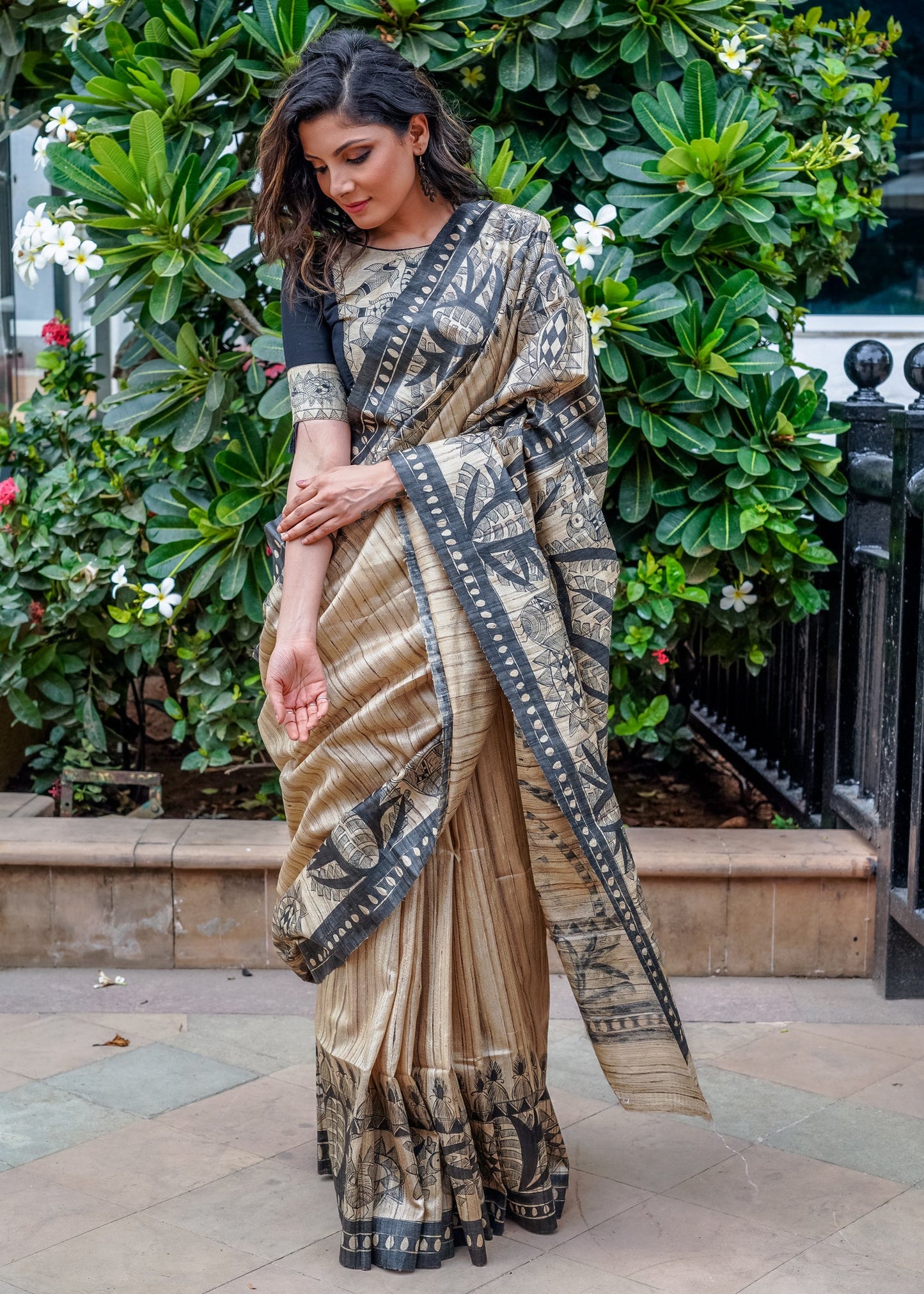 Beautiful beige pure Ghicha silk handpainted madhubani saree