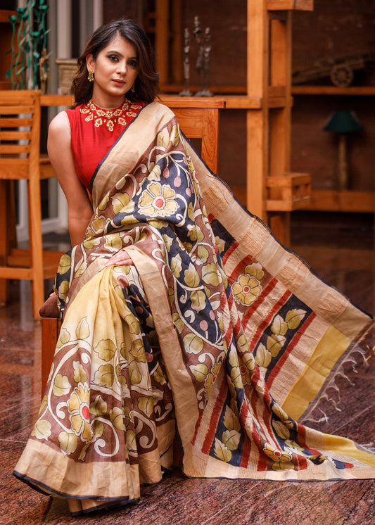 Exclusive Pure tassar silk saree with kalamkari design