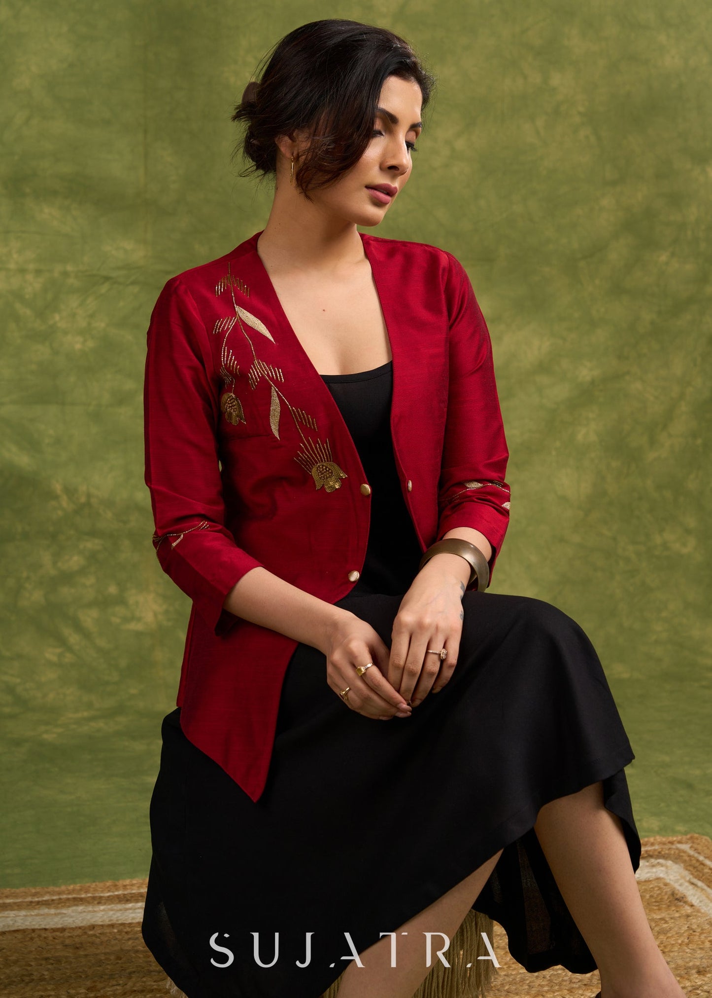 Elegant Asymmetry , Maroon Silk Jacket With Striking Golden Hand Embroidery   Dress Optional.