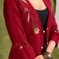 Elegant Asymmetry , Maroon Silk Jacket With Striking Golden Hand Embroidery   Dress Optional.