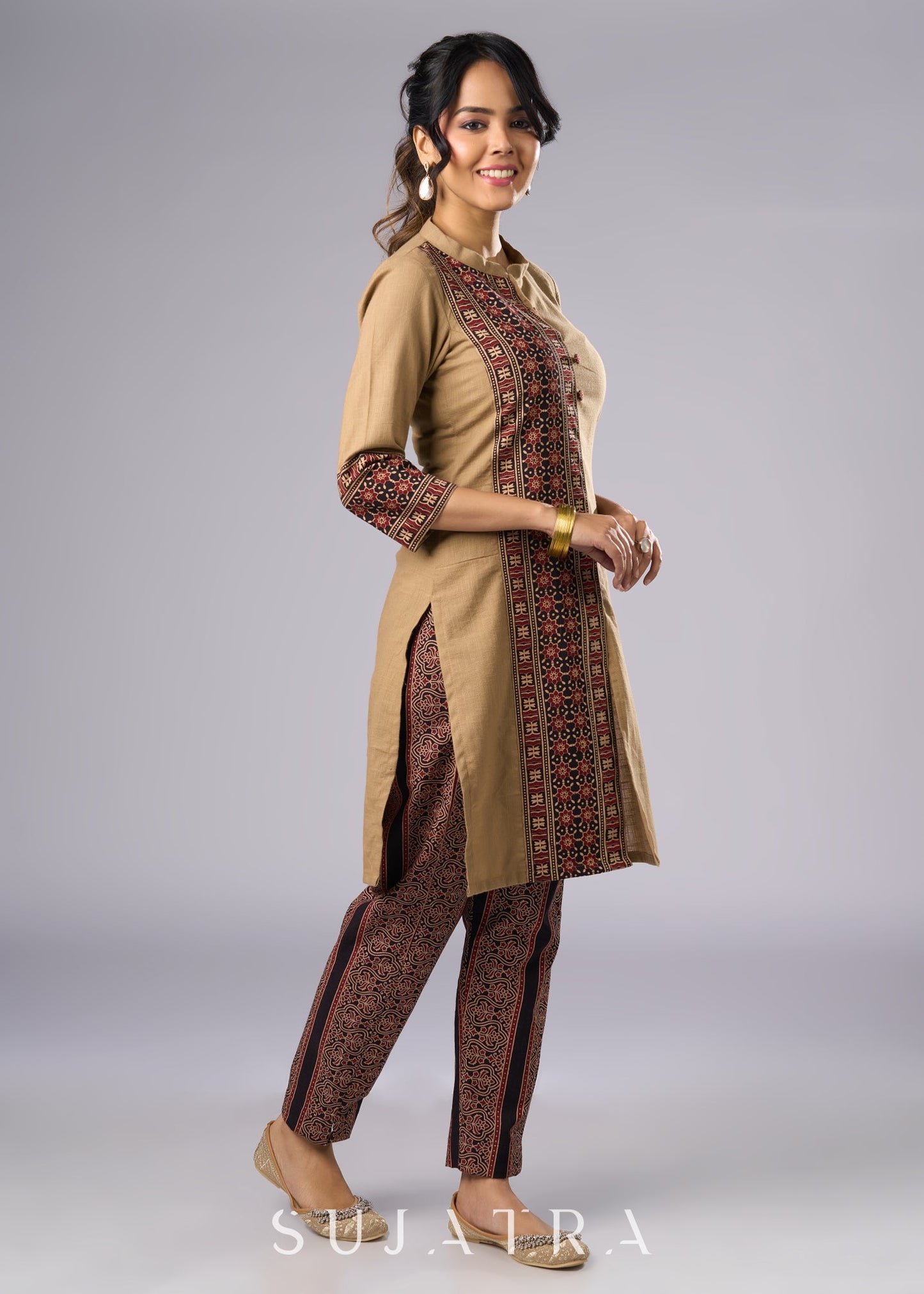 Classy Dark Beige Cotton Ajrakh Combination Tunic Pant Additional