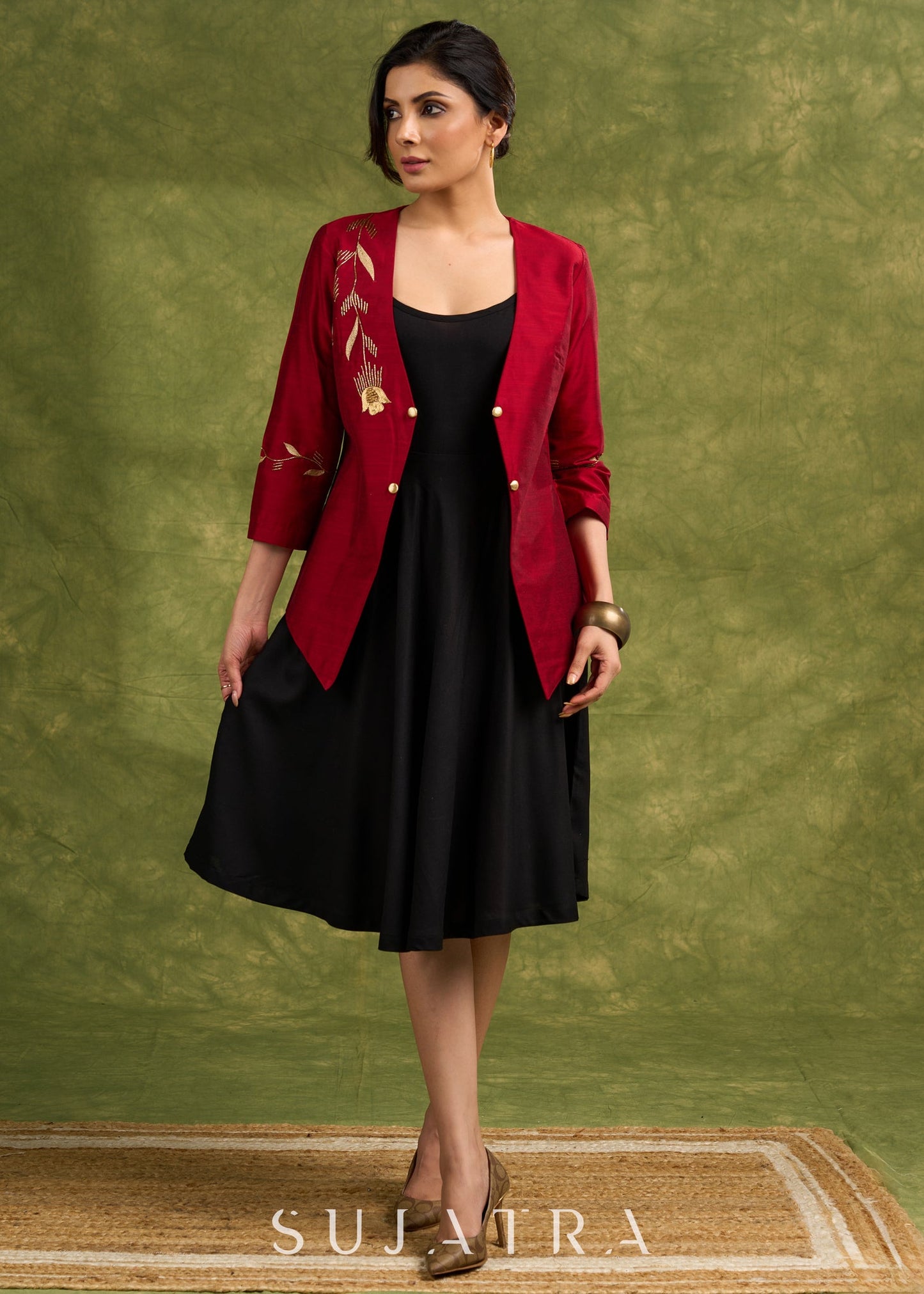 Elegant Asymmetry , Maroon Silk Jacket With Striking Golden Hand Embroidery   Dress Optional.