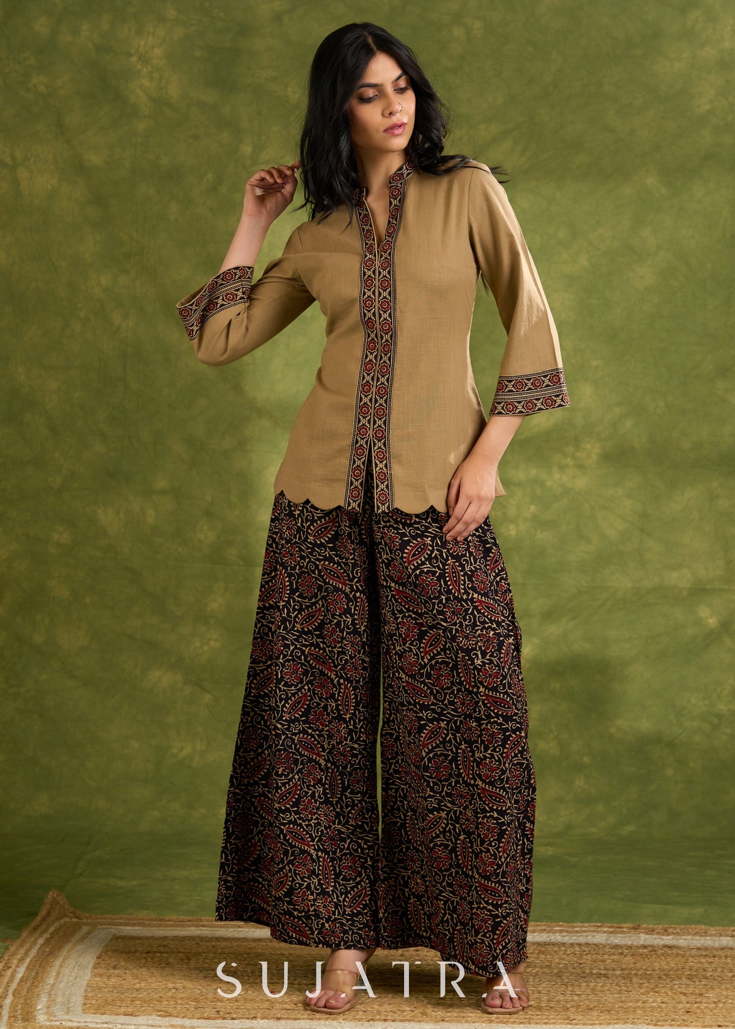 Dark Beige Cotton Ajrakh Combination Top - Pant Optional