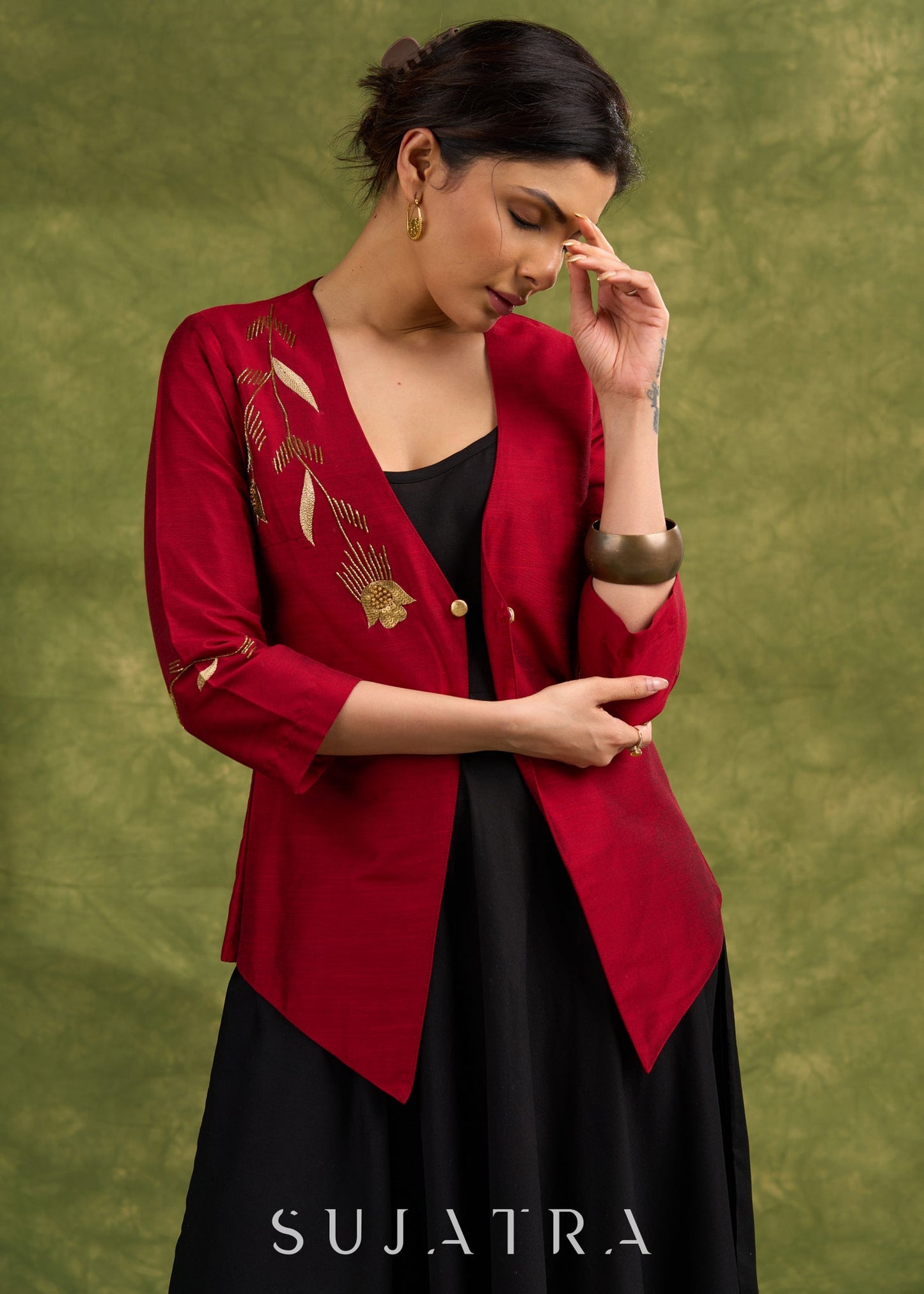 Elegant Asymmetry , Maroon Silk Jacket With Striking Golden Hand Embroidery   Dress Optional.