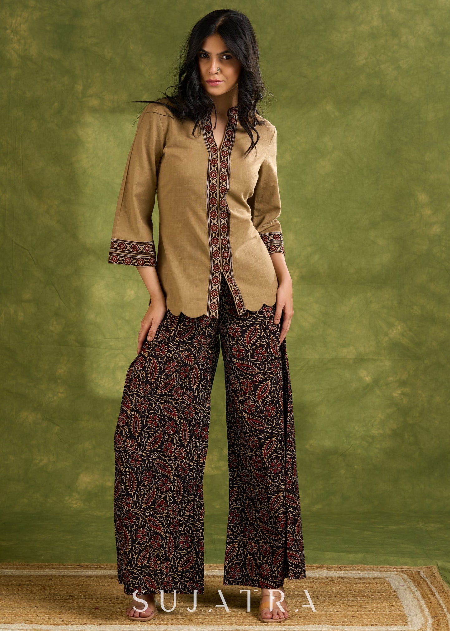 Dark Beige Cotton Ajrakh Combination Top - Pant Optional