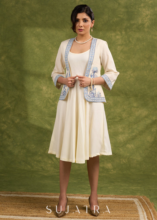 Coastal Chic Off White Cotton Shrug With Calming Blue Hues And Delicate Embroidery   Dress Optional