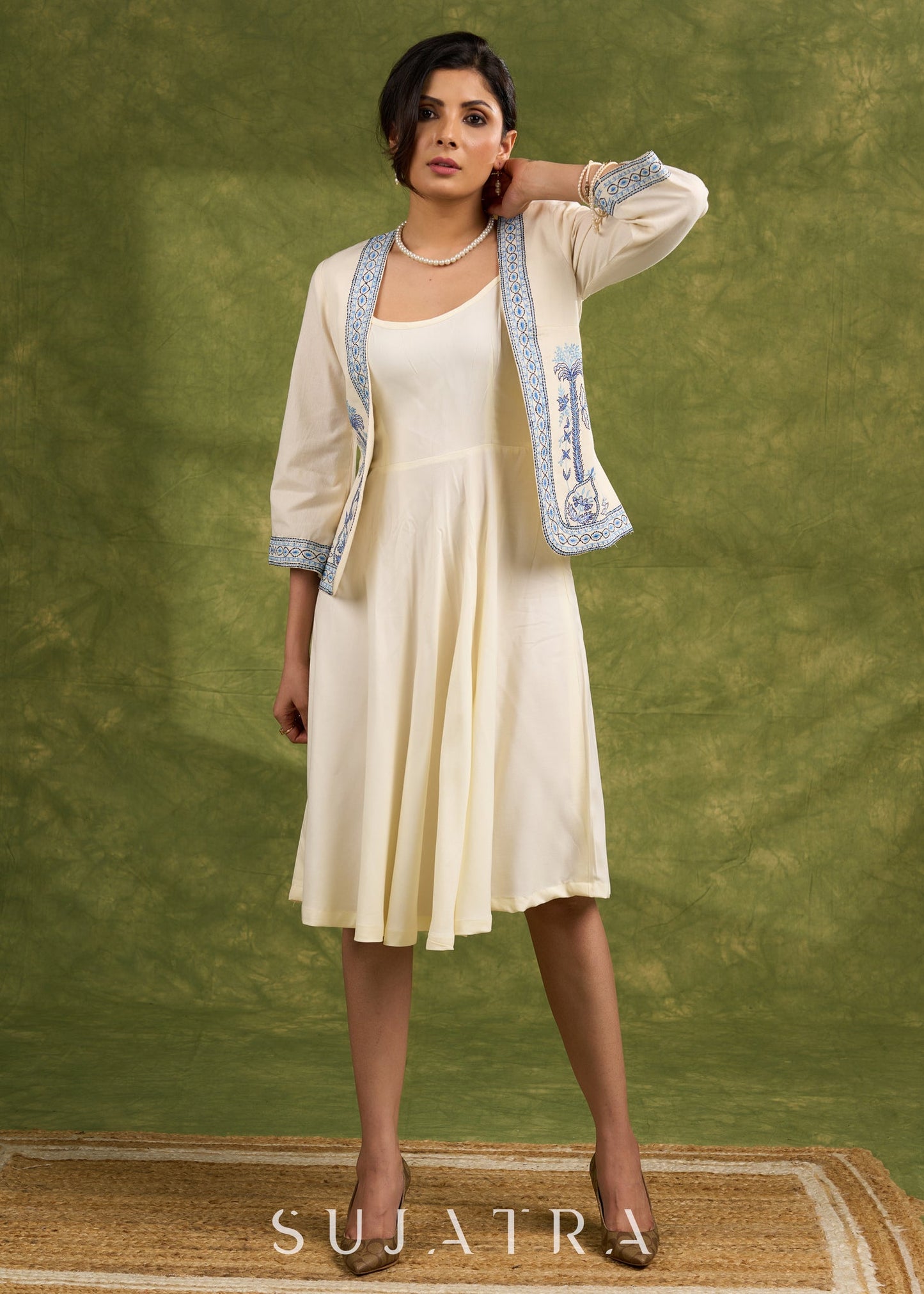 Coastal Chic Off White Cotton Shrug With Calming Blue Hues And Delicate Embroidery   Dress Optional