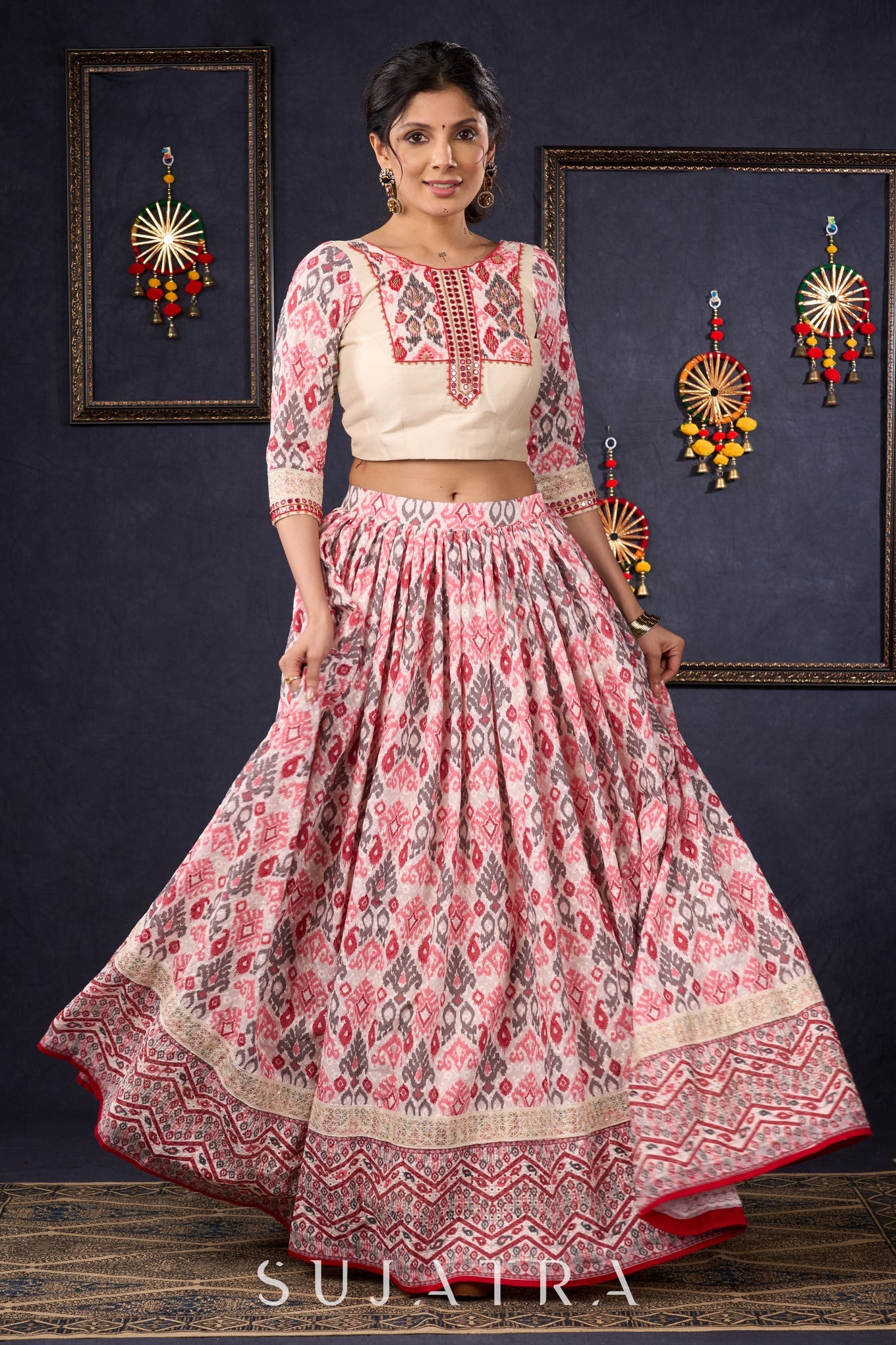 Elegant Off-White & Red Ikat Print Lehenga With Matching Blouse & Dupatta.