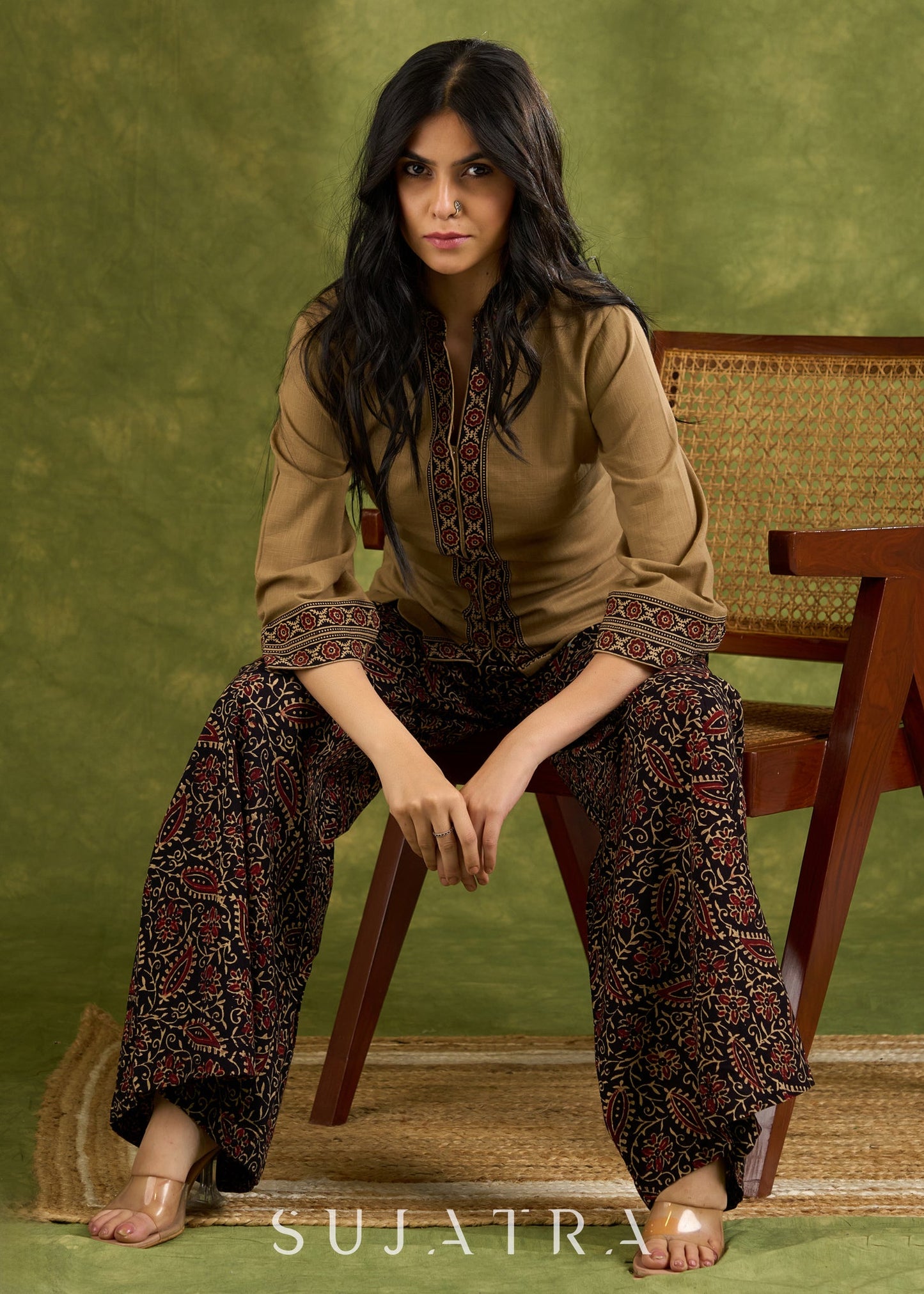 Dark Beige Cotton Ajrakh Combination Top - Pant Optional