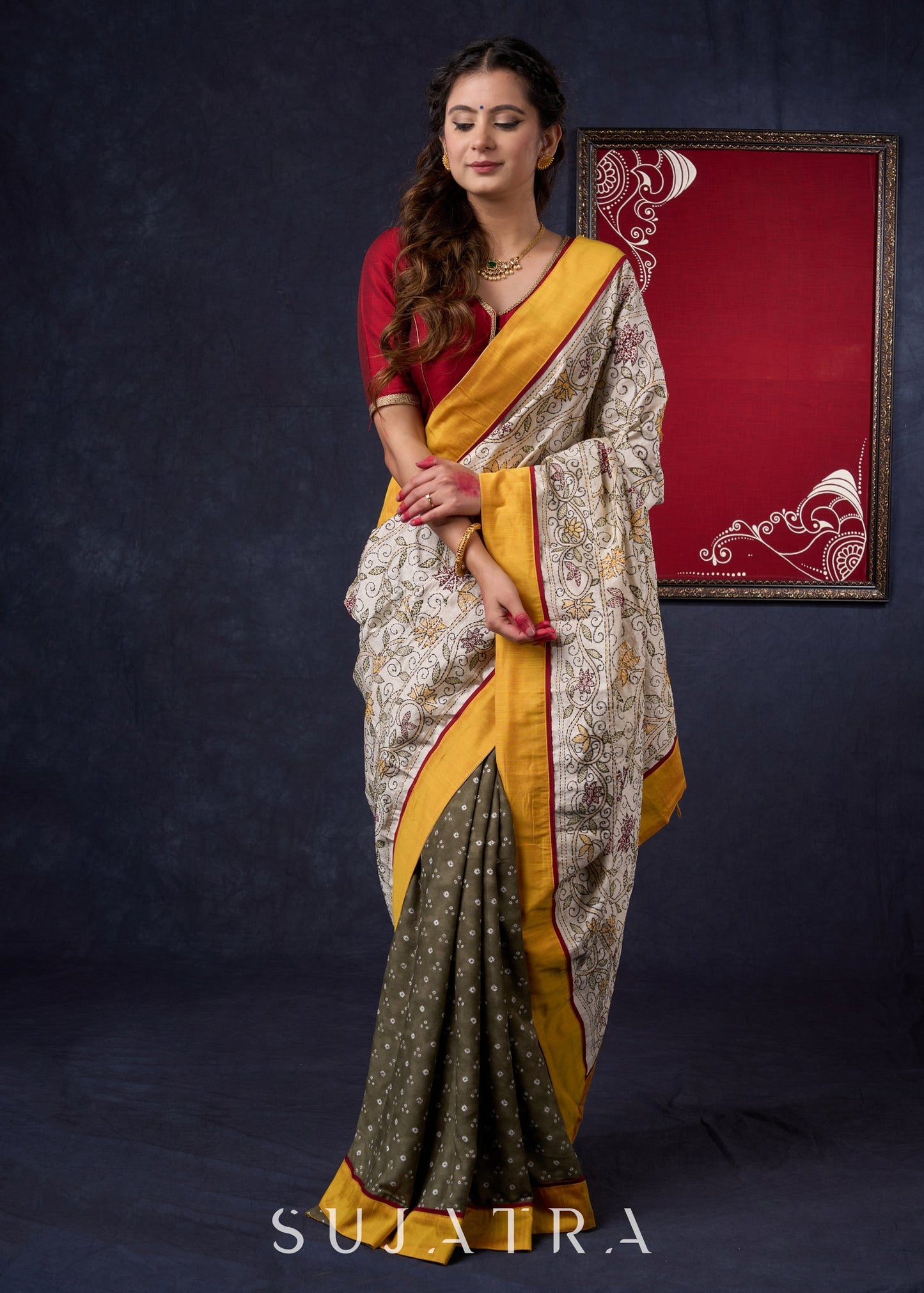 Graceful Olive Green Bhandani Saree with Kantha work Pallu & Mustard Detailing