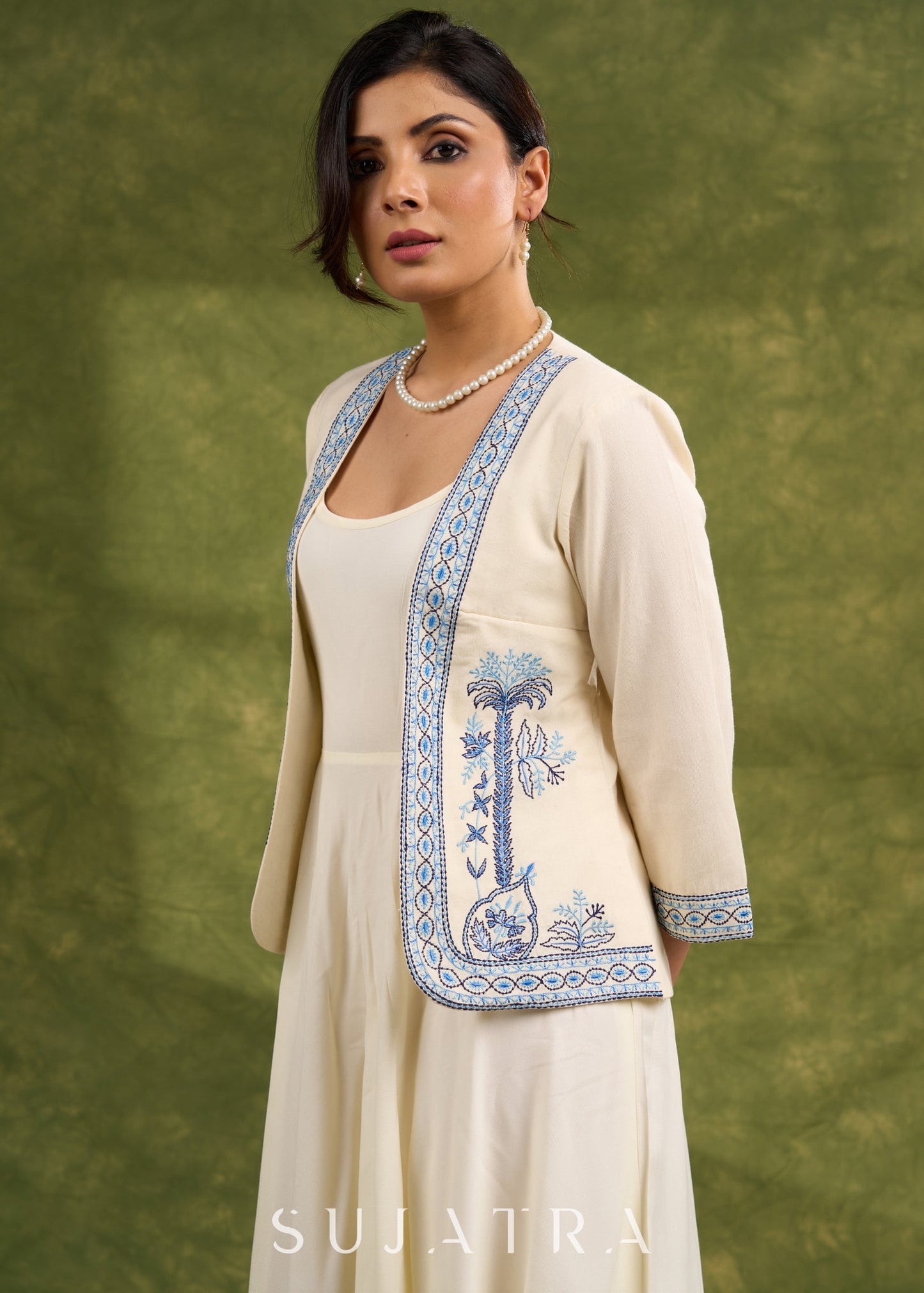 Coastal Chic Off White Cotton Shrug With Calming Blue Hues And Delicate Embroidery   Dress Optional