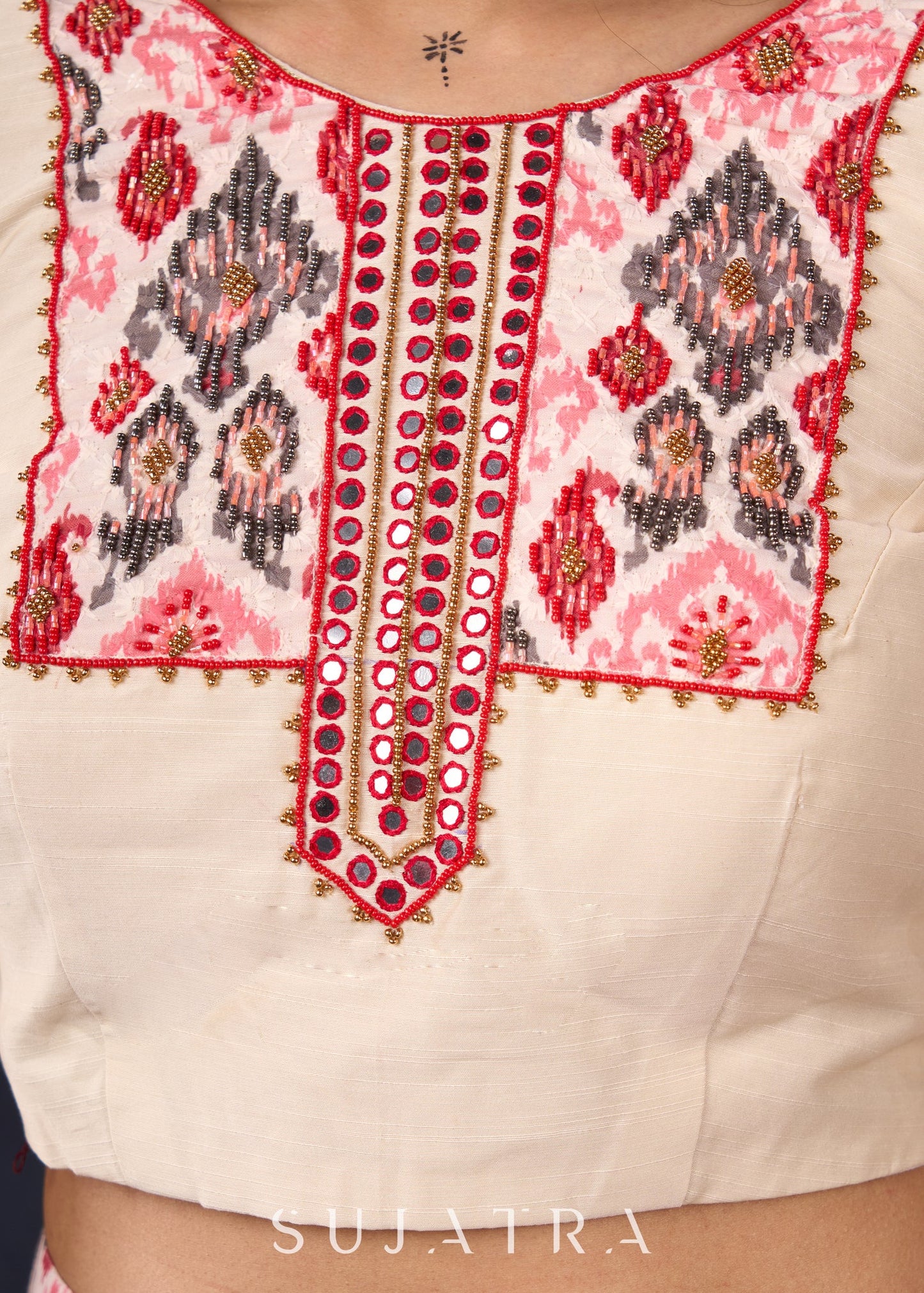 Elegant Off-White & Red Ikat Print Lehenga With Matching Blouse & Dupatta.