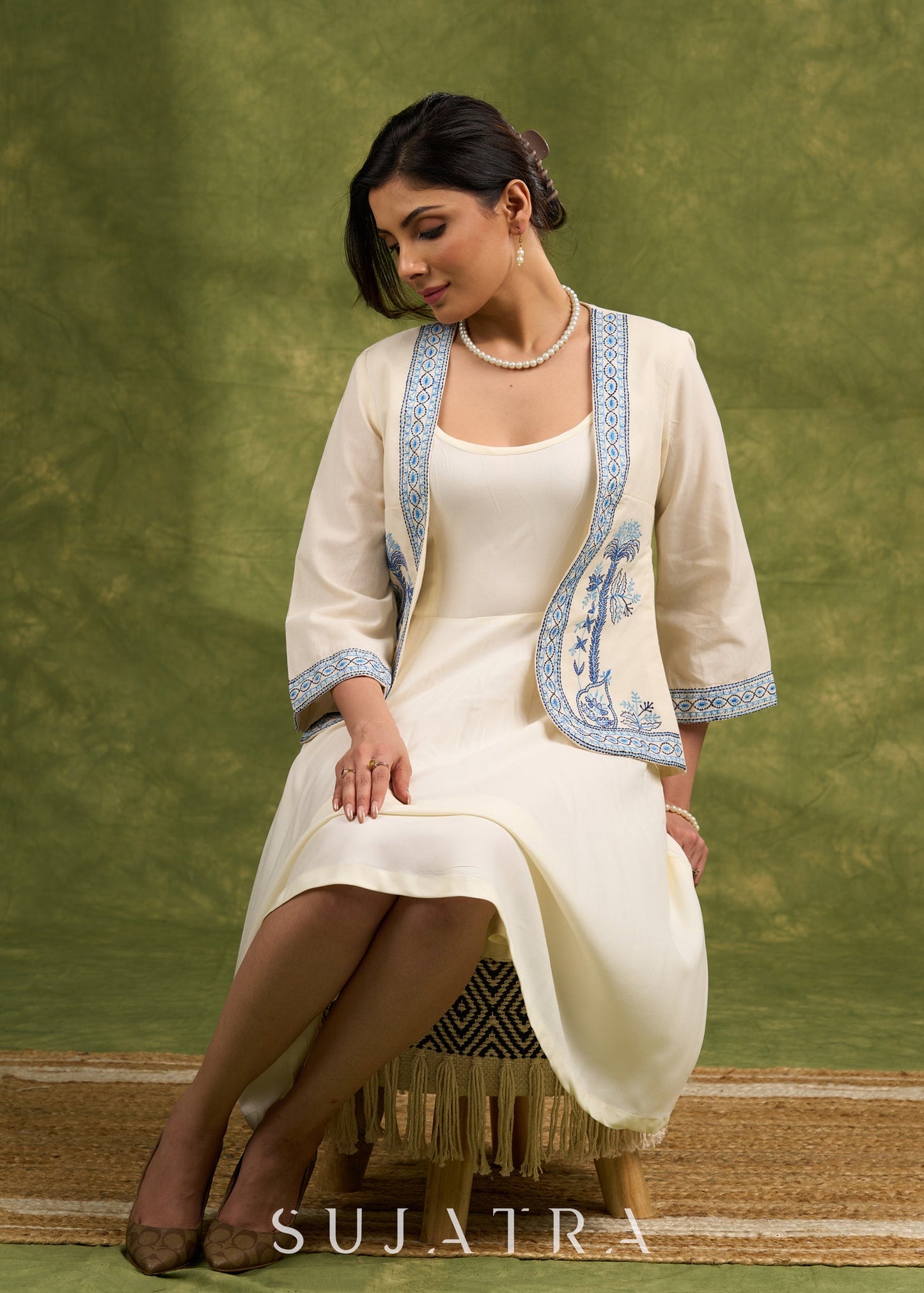 Coastal Chic Off White Cotton Shrug With Calming Blue Hues And Delicate Embroidery   Dress Optional