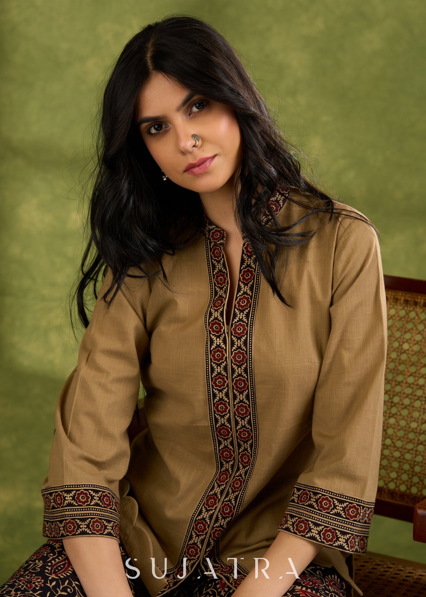 Dark Beige Cotton Ajrakh Combination Top - Pant Optional