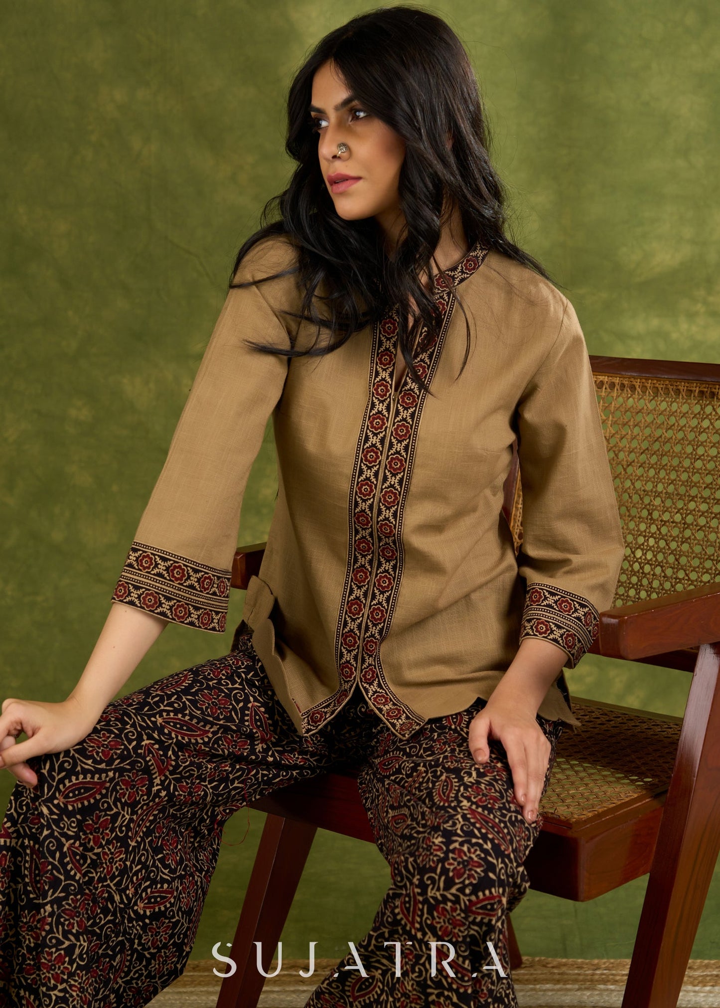 Dark Beige Cotton Ajrakh Combination Top - Pant Optional