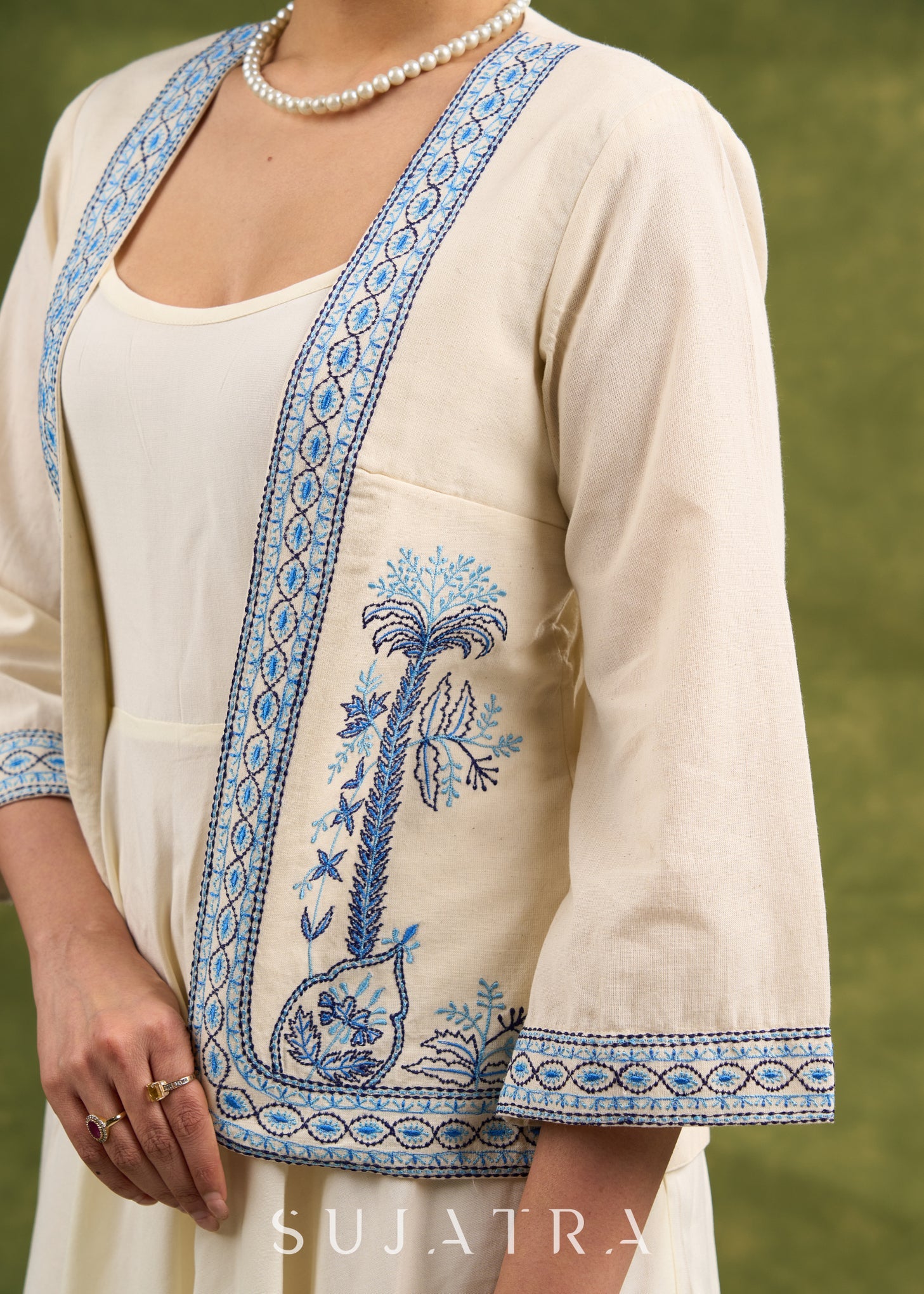 Coastal Chic Off White Cotton Shrug With Calming Blue Hues And Delicate Embroidery   Dress Optional